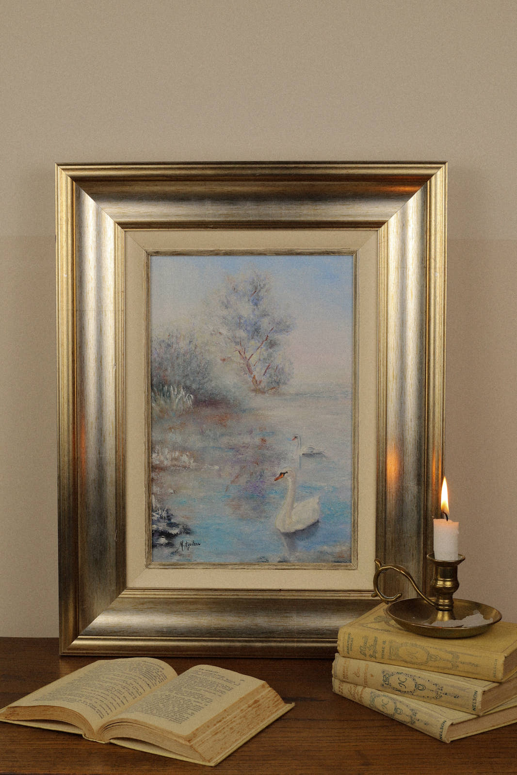 Vintage Framed Impressionist Swan Painting