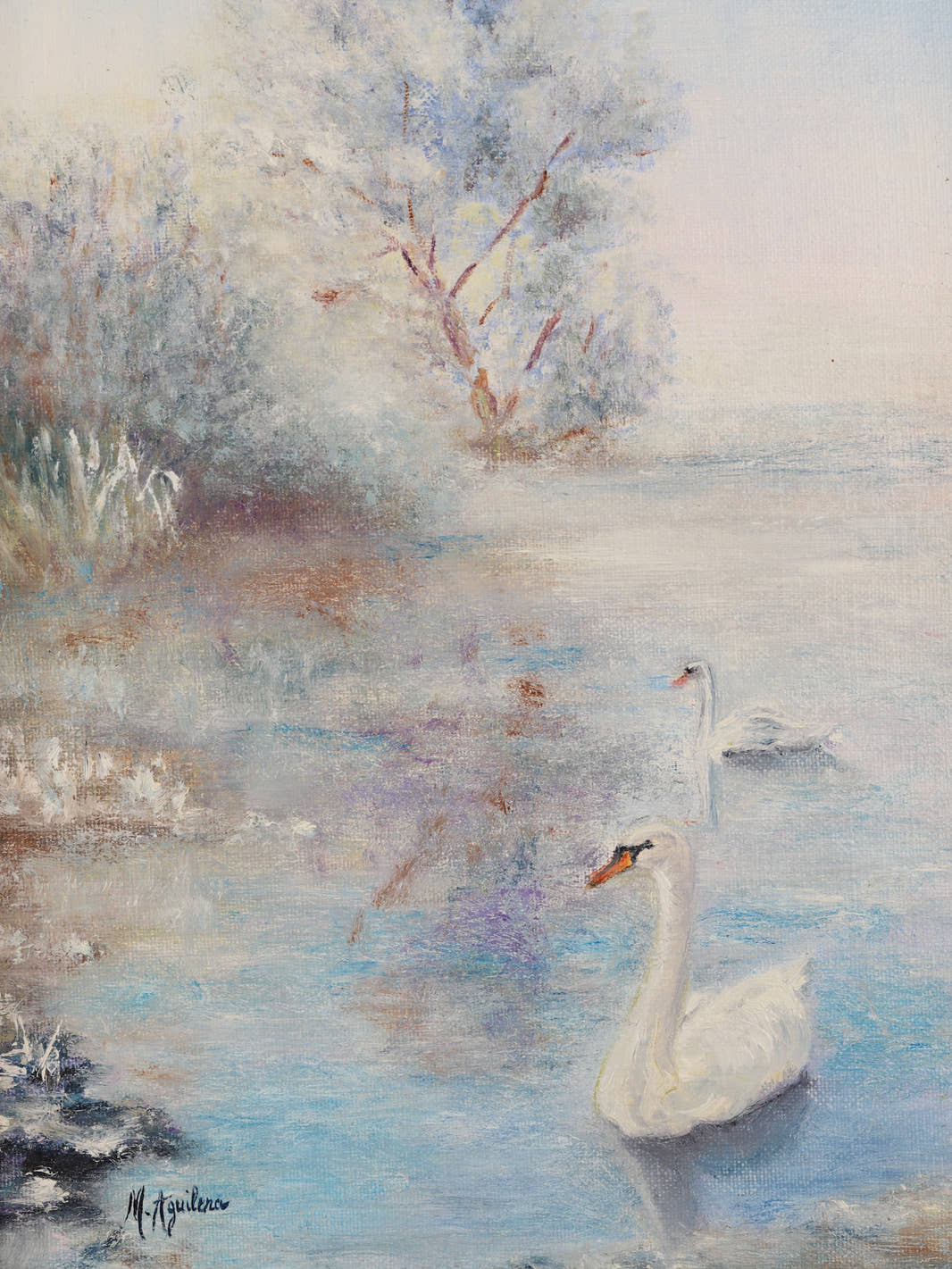 Vintage Framed Impressionist Swan Painting
