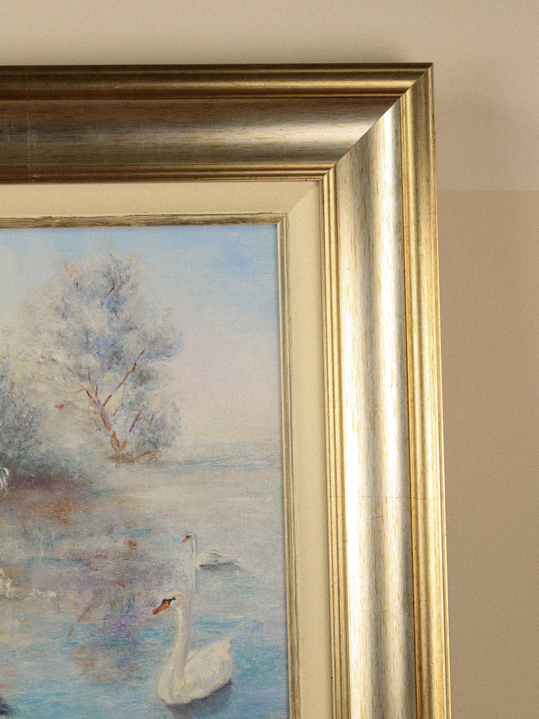 Vintage Framed Impressionist Swan Painting