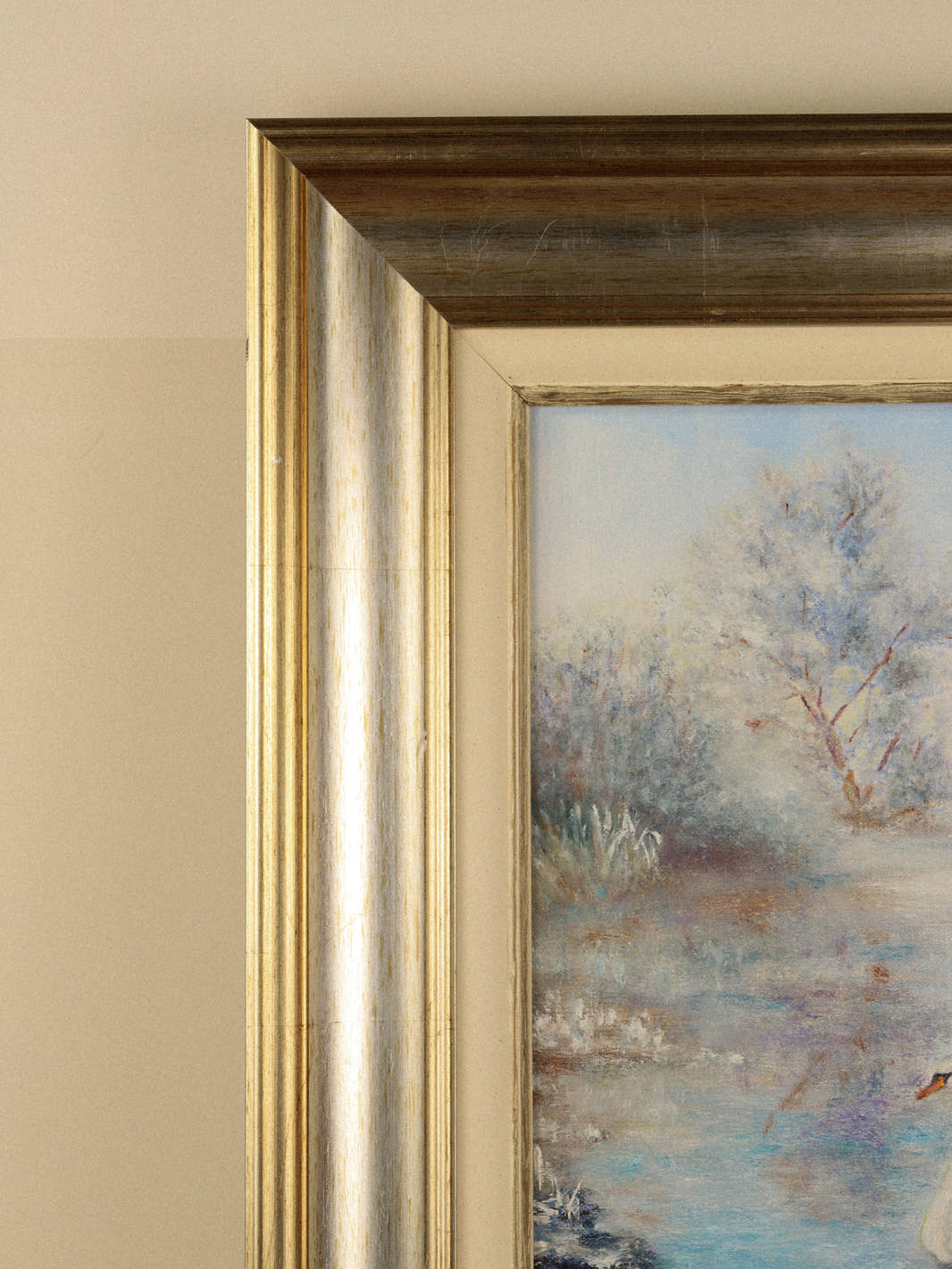 Vintage Framed Impressionist Swan Painting