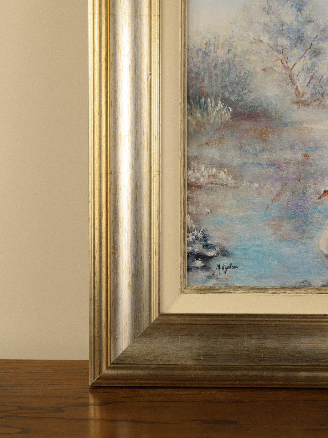 Vintage Framed Impressionist Swan Painting